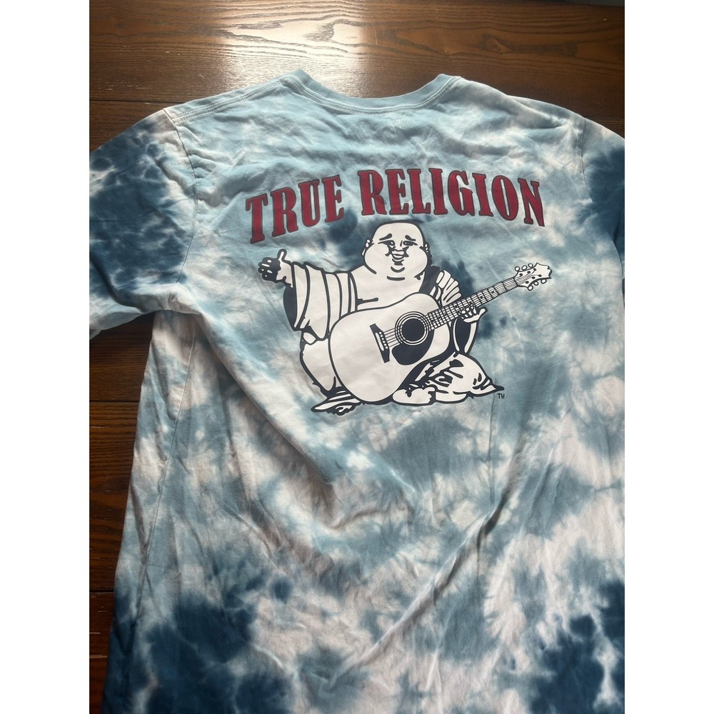 TRUE RELIGION Buddha Logo Blue Tie Dye Designer Mens Crew Neck T-shirt Medium